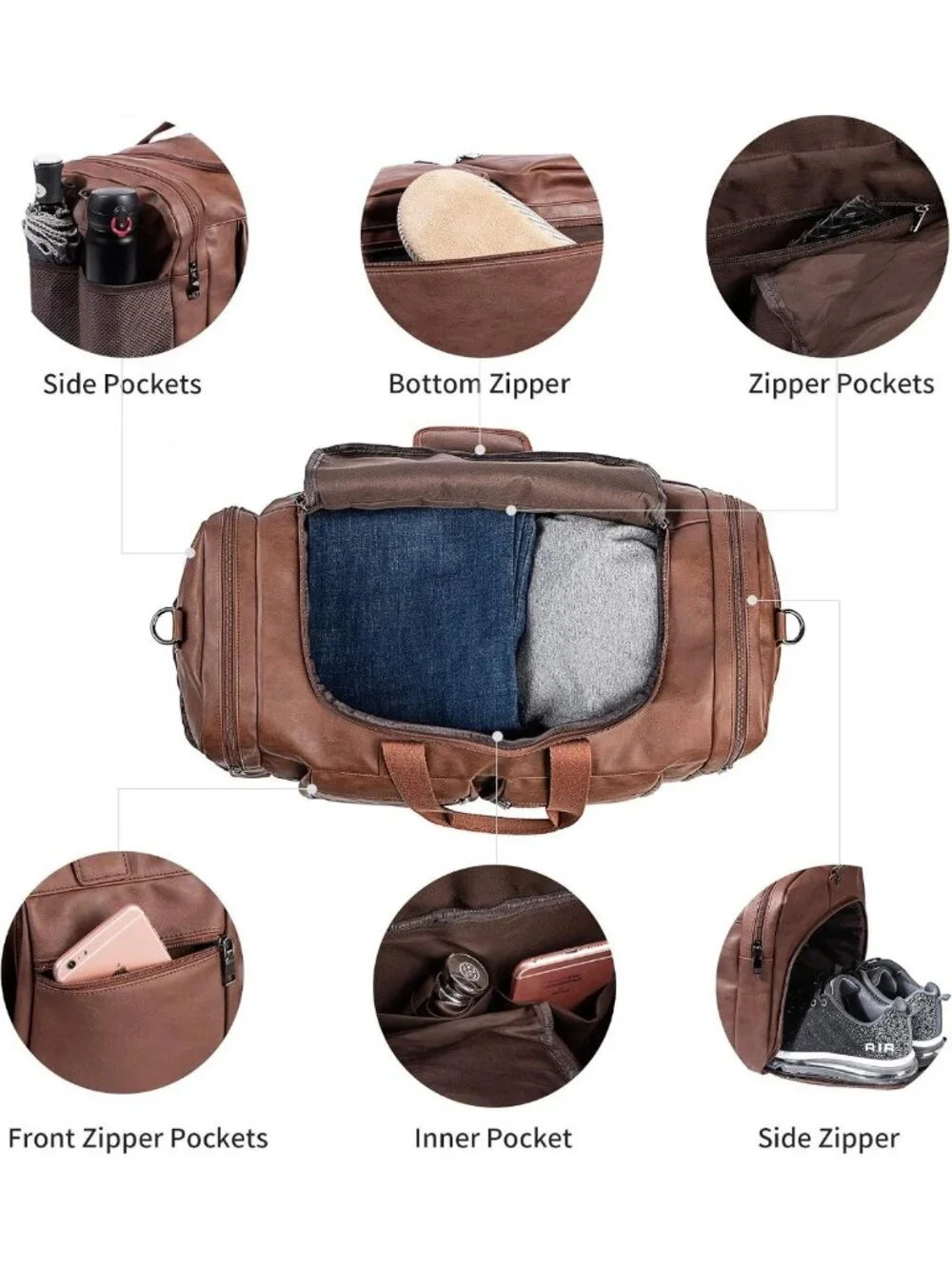 Waterproof Leather Weekender Bag with Shoe Pouch, Large Travel Tote for Men